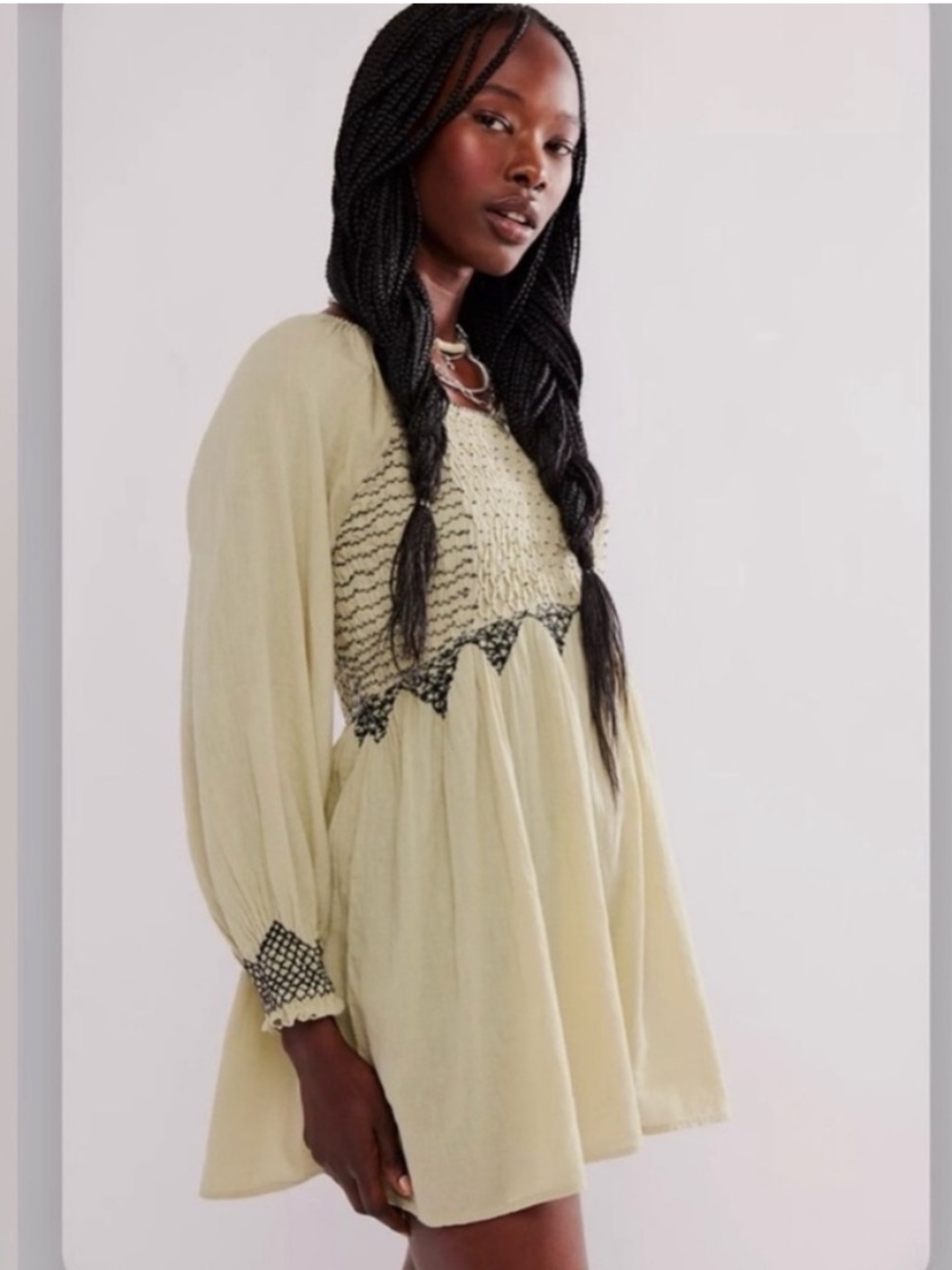 Free People Ivory Embroidered Smocked Mini Dress Boho Tie Back Size S